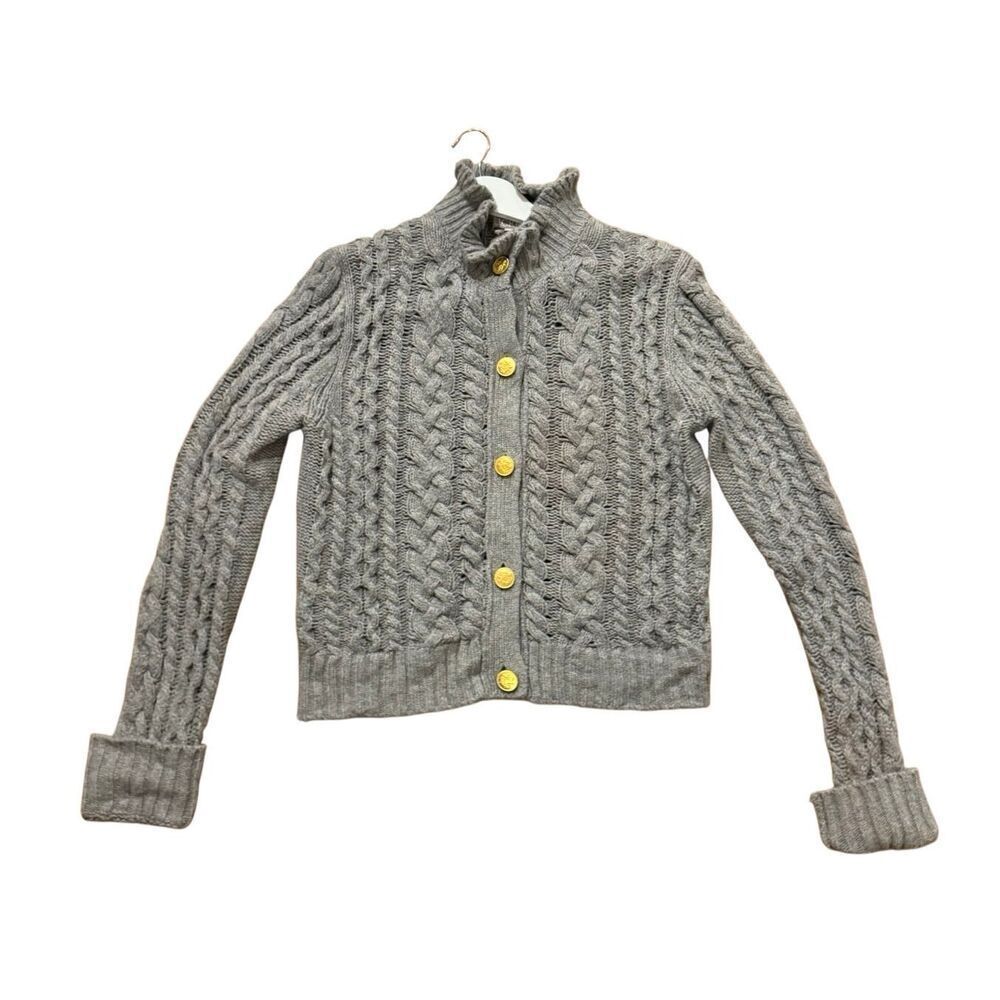 J.Crew grey ruffle neck cableknit cardigan sweater wool blend large - Picture 13 of 13